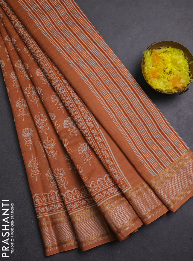 Maheshwari silk cotton saree rustic orange with allover butta block prints and thread woven border