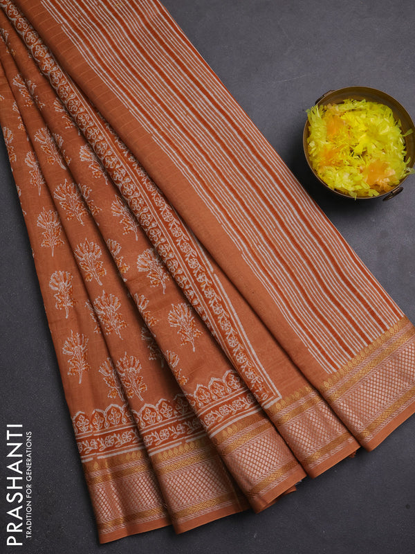 Maheshwari silk cotton saree rustic orange with allover butta block prints and thread woven border
