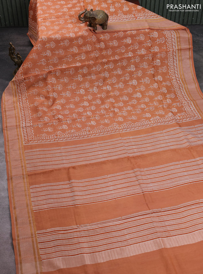 Maheshwari silk cotton saree rustic orange with allover butta block prints and thread woven border