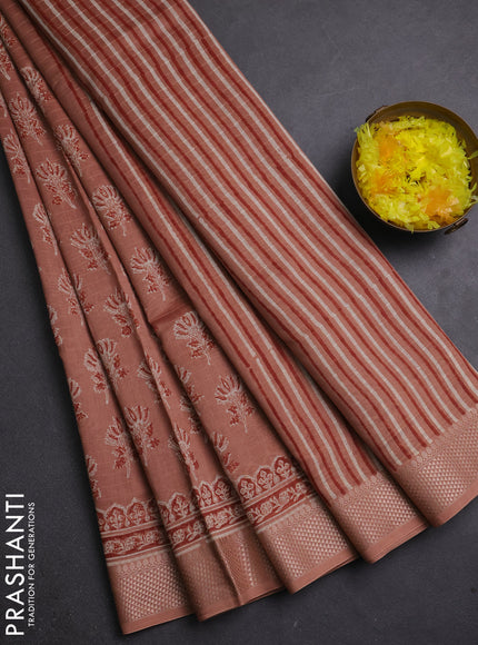 Maheshwari silk cotton saree pastel peach with allover butta block prints and thread woven border