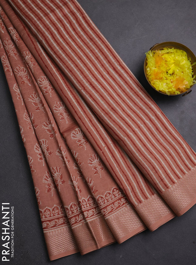 Maheshwari silk cotton saree pastel peach with allover butta block prints and thread woven border