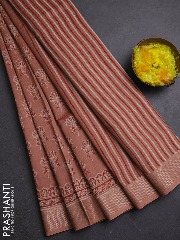Maheshwari silk cotton saree pastel peach with allover butta block prints and thread woven border
