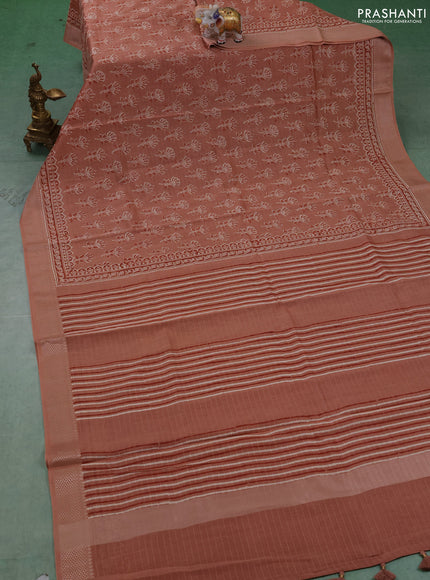 Maheshwari silk cotton saree pastel peach with allover butta block prints and thread woven border