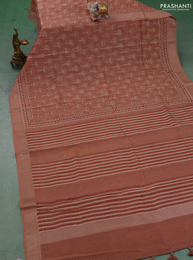Maheshwari silk cotton saree pastel peach with allover butta block prints and thread woven border