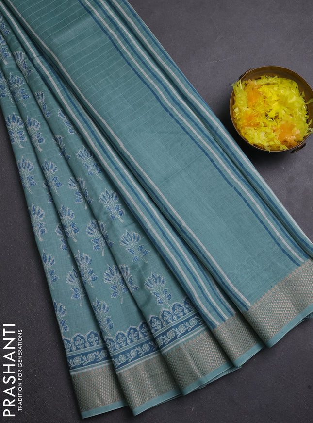 Maheshwari silk cotton saree pastel blue with allover butta block prints and thread woven border