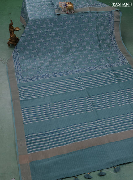 Maheshwari silk cotton saree pastel blue with allover butta block prints and thread woven border