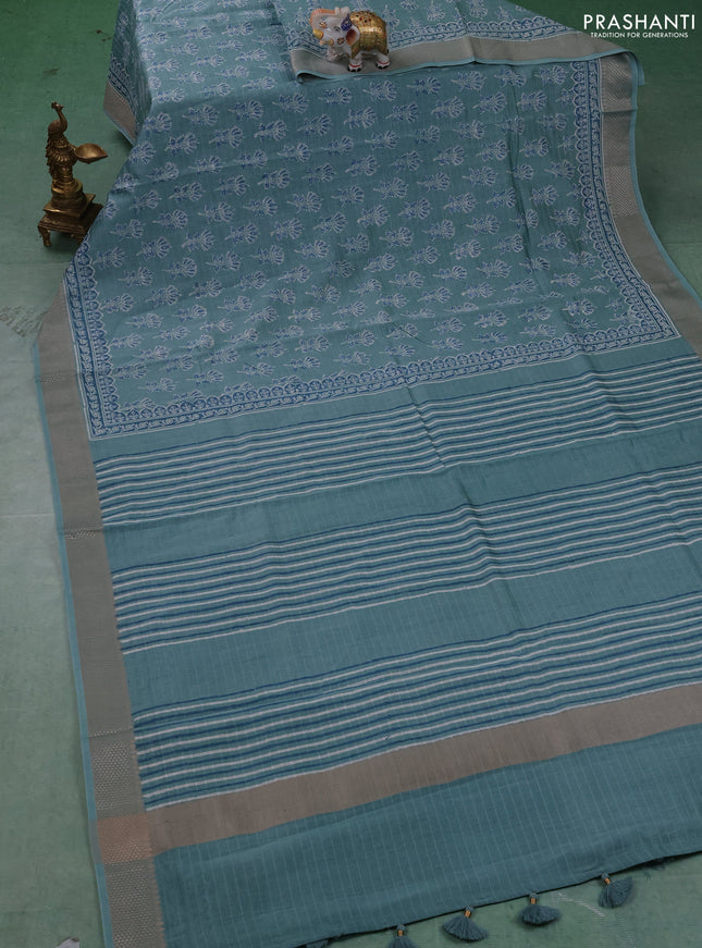 Maheshwari silk cotton saree pastel blue with allover butta block prints and thread woven border