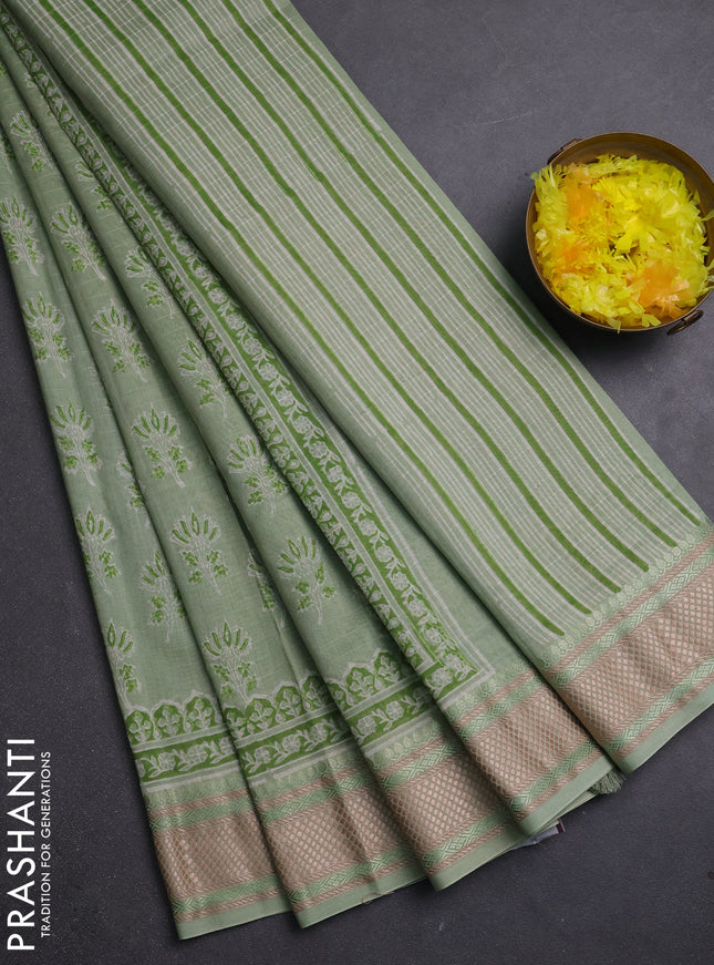 Maheshwari silk cotton saree pastel green with allover butta block prints and thread woven border