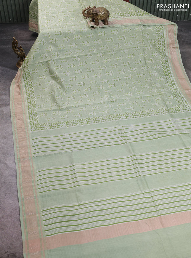 Maheshwari silk cotton saree pastel green with allover butta block prints and thread woven border