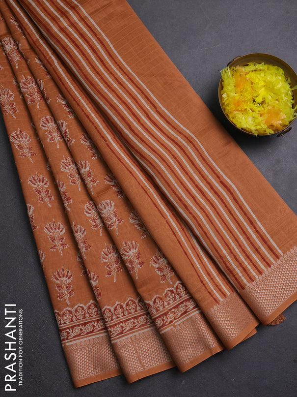 Maheshwari silk cotton saree rust shade with allover butta block prints and thread woven border