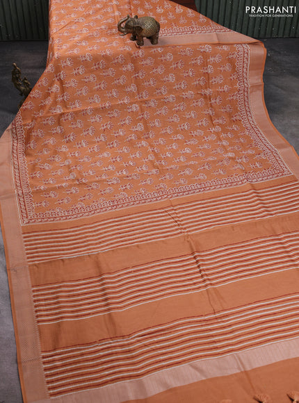 Maheshwari silk cotton saree rust shade with allover butta block prints and thread woven border