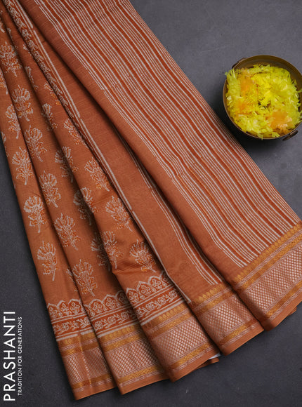 Maheshwari silk cotton saree rust shade with allover butta block prints and thread woven border