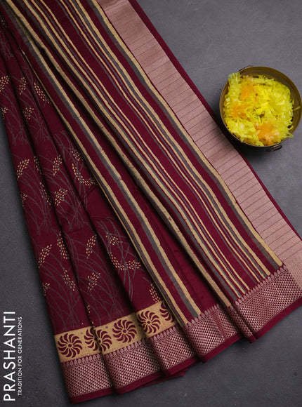 Maheshwari silk cotton saree maroon with allover block prints and thread woven border