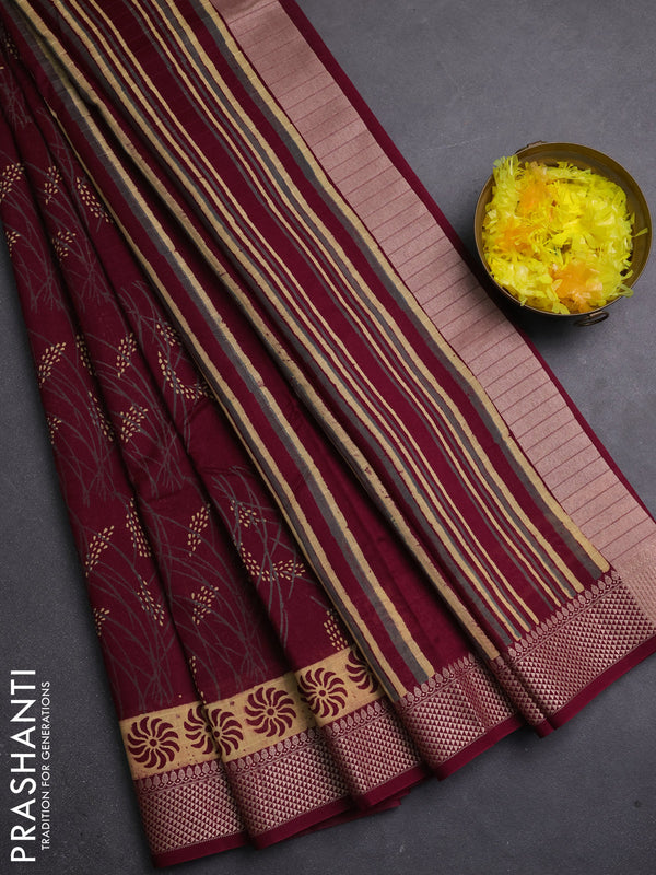 Maheshwari silk cotton saree maroon with allover block prints and thread woven border