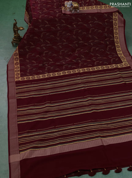 Maheshwari silk cotton saree maroon with allover block prints and thread woven border