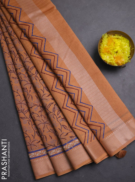Maheshwari silk cotton saree sandal with allover block prints and thread woven border
