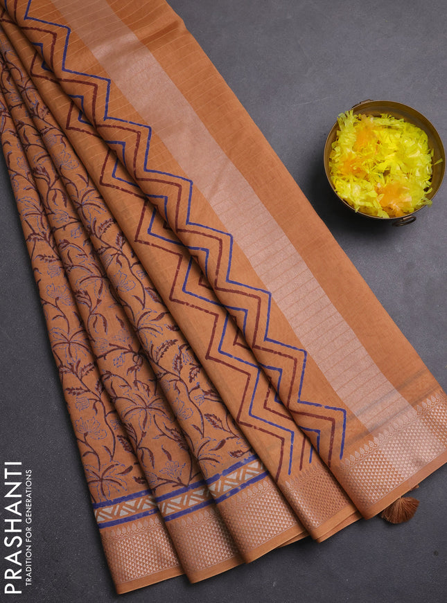 Maheshwari silk cotton saree sandal with allover block prints and thread woven border