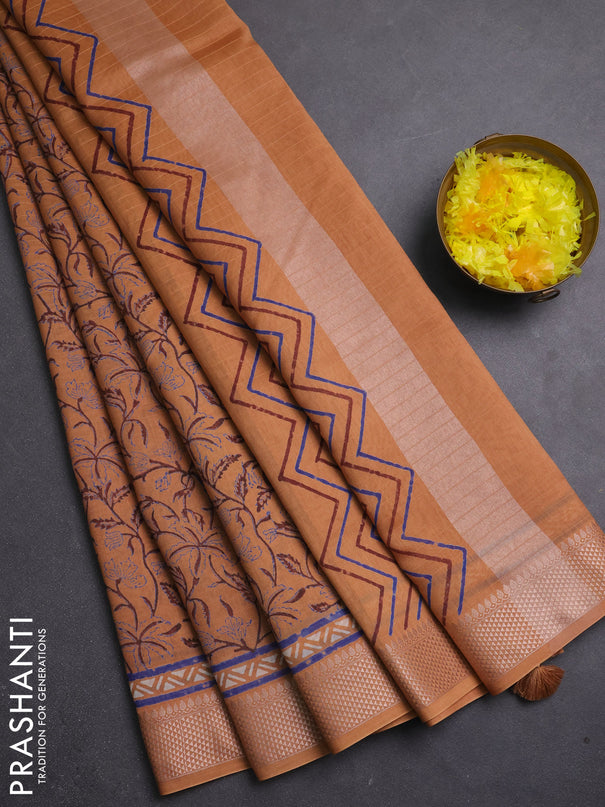 Maheshwari silk cotton saree sandal with allover block prints and thread woven border