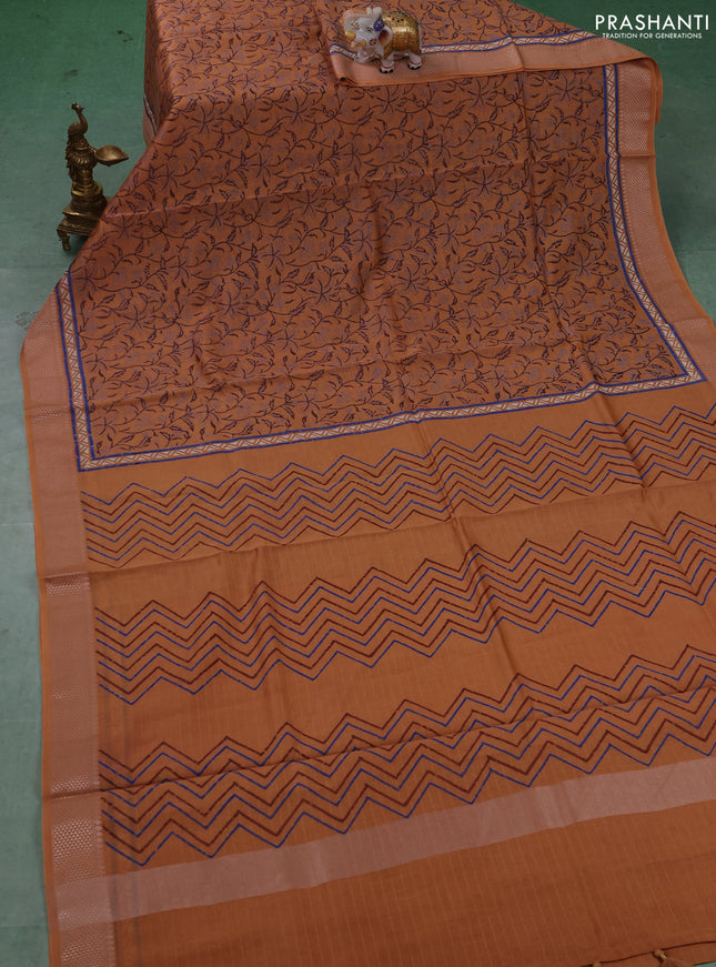 Maheshwari silk cotton saree sandal with allover block prints and thread woven border