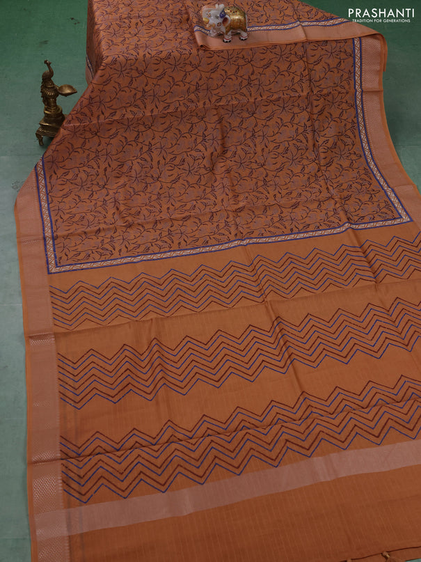 Maheshwari silk cotton saree sandal with allover block prints and thread woven border