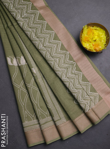 Maheshwari silk cotton saree pastel green with floral block prints and thread woven border