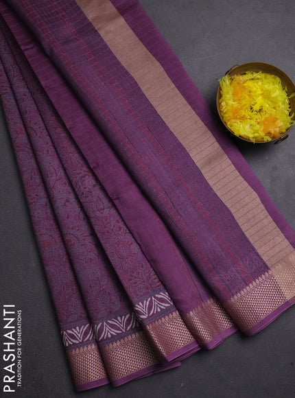 Maheshwari silk cotton saree purple with allover kalamkari block prints and thread woven border