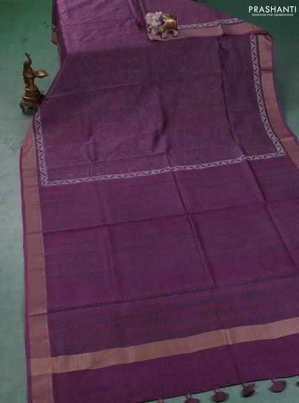 Maheshwari silk cotton saree purple with allover kalamkari block prints and thread woven border