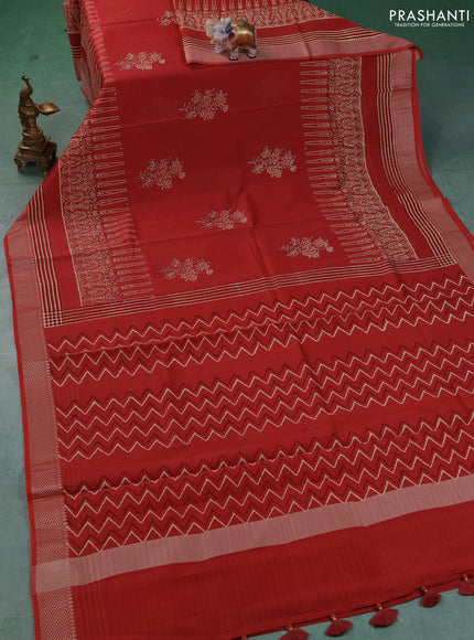 Maheshwari silk cotton saree rustic maroon with floral butta block prints and thread woven border