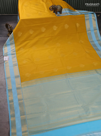 Semi kanchipuram silk saree mustard yellow and teal blue with zari woven buttas and rettapet zari woven border