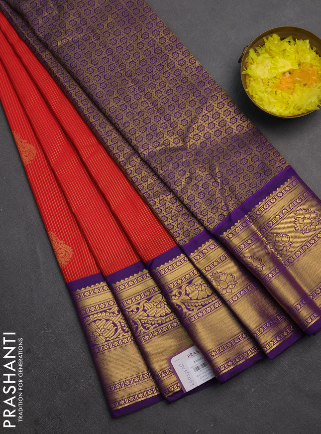 Semi kanchipuram silk saree red and violet with allover zari weaves & buttas and long zari woven border