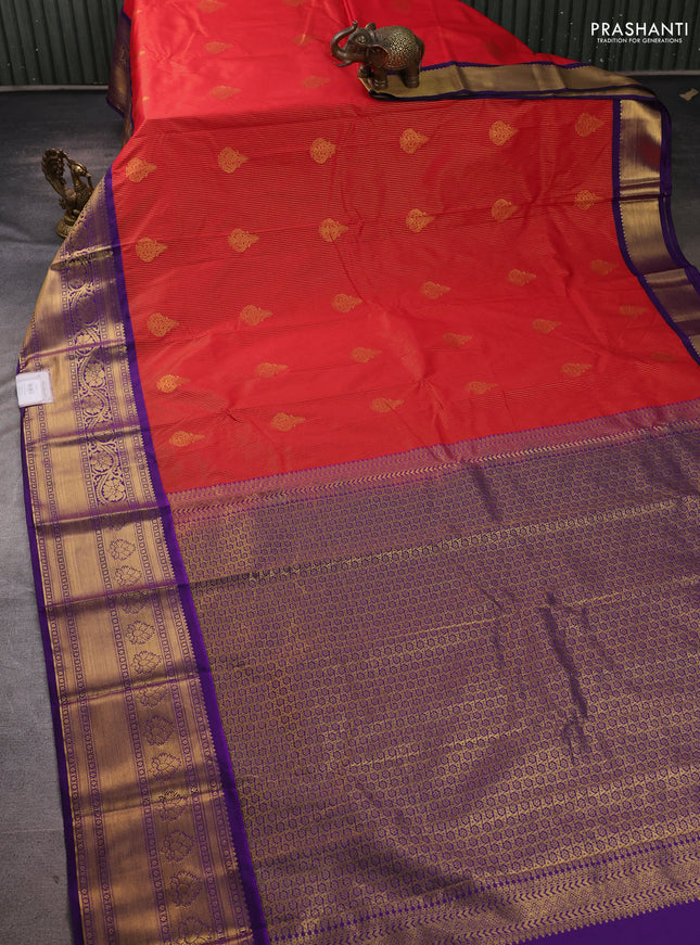 Semi kanchipuram silk saree red and violet with allover zari weaves & buttas and long zari woven border