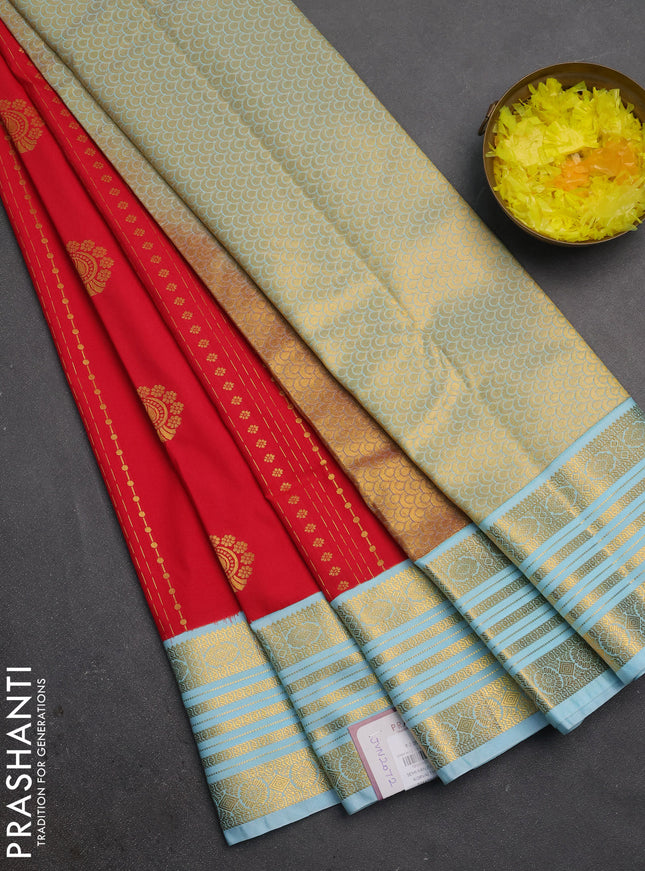 Semi kanchipuram silk saree red and pastel green with allover zari weaves & buttas and zari woven border
