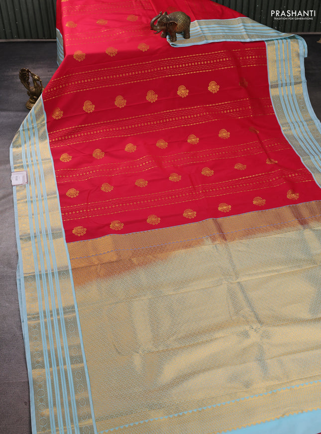 Semi kanchipuram silk saree red and pastel green with allover zari weaves & buttas and zari woven border