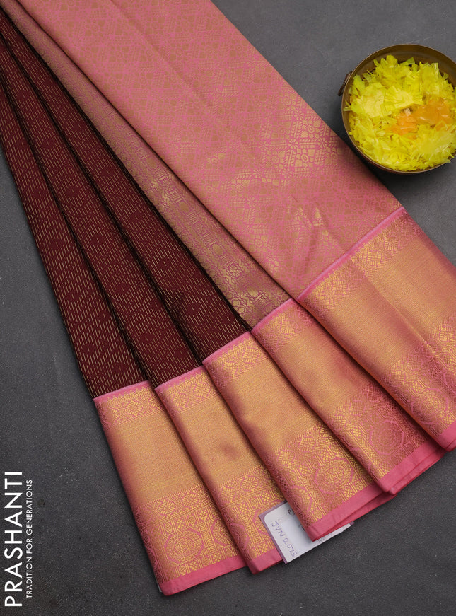 Semi kanchipuram silk saree coffee brown and pink with allover zari weaves and zari woven border