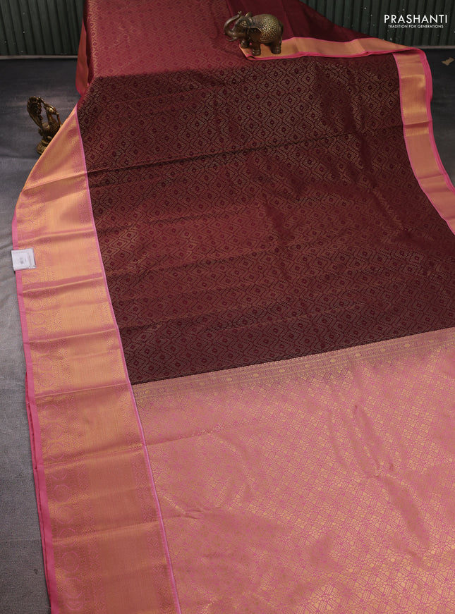 Semi kanchipuram silk saree coffee brown and pink with allover zari weaves and zari woven border