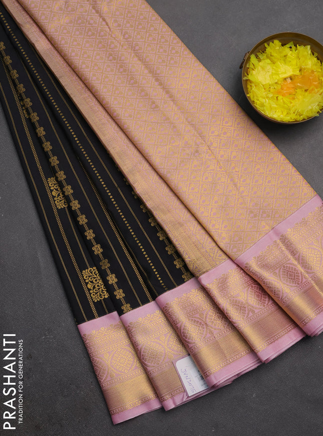 Semi kanchipuram silk saree black and pastel pink with allover zari weaves & buttas and zari woven border