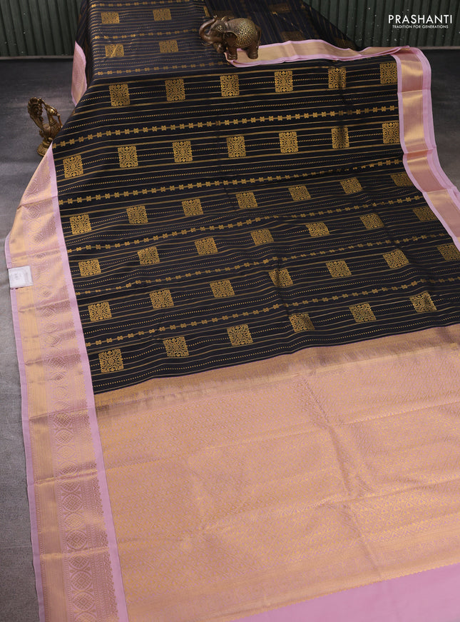 Semi kanchipuram silk saree black and pastel pink with allover zari weaves & buttas and zari woven border