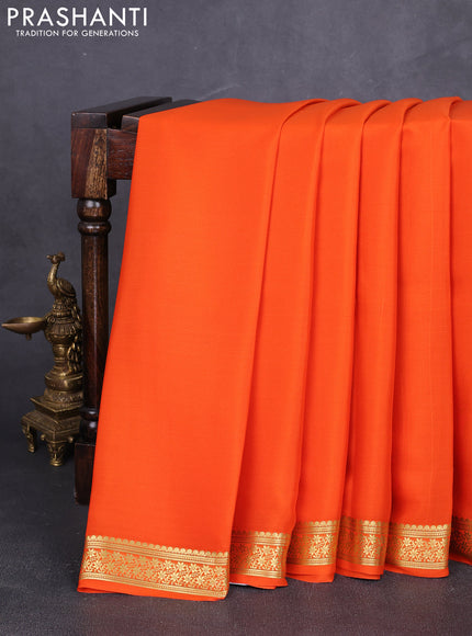 Pure mysore silk saree orange with plain body and zari woven border