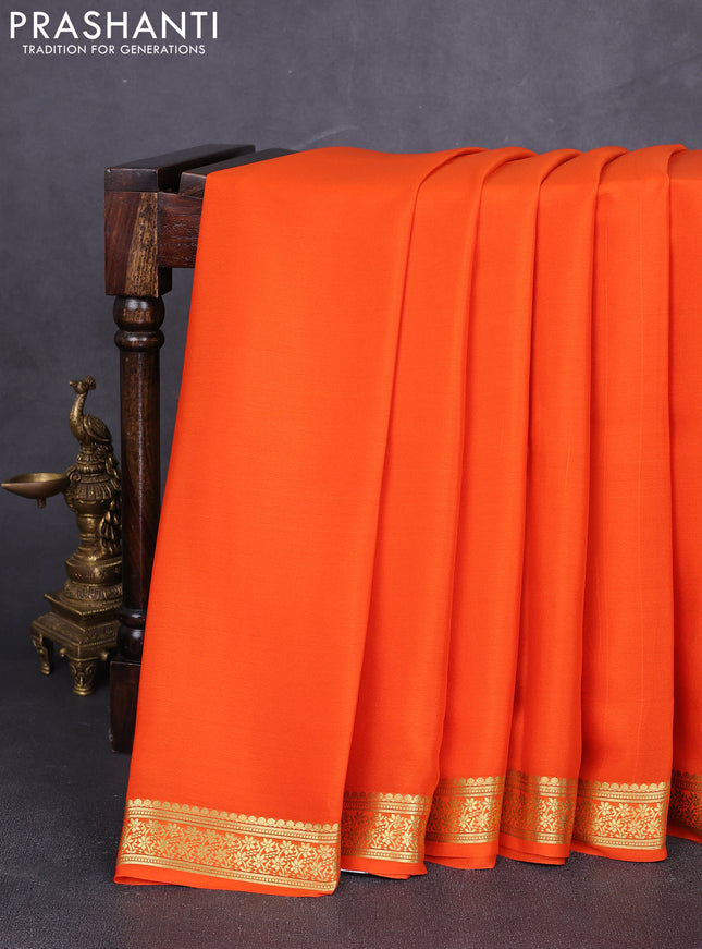 Pure mysore silk saree orange with plain body and zari woven border