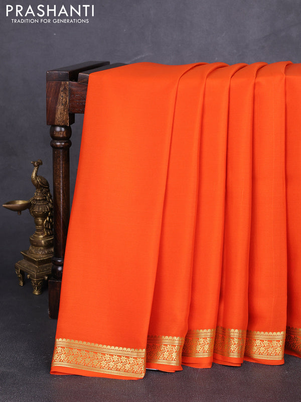 Pure mysore silk saree orange with plain body and zari woven border
