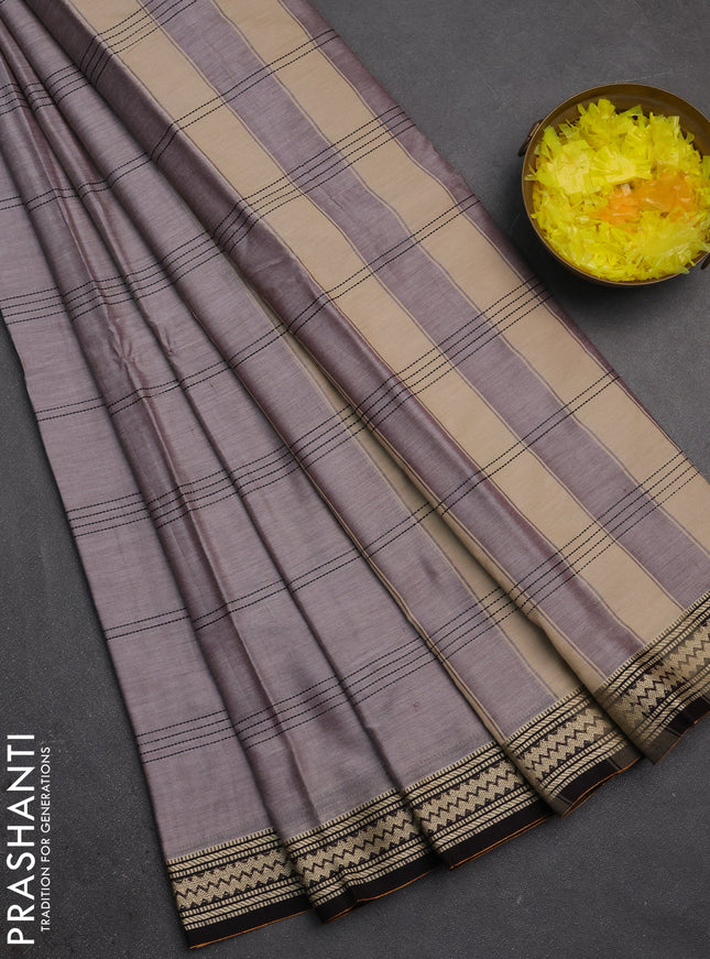 Narayanpet cotton saree grey shade and coffee brown with allover thread stripe pattern and thread woven border