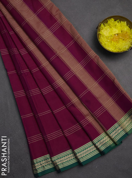 Narayanpet cotton saree magenta pink and green with allover thread stripe pattern and thread woven border