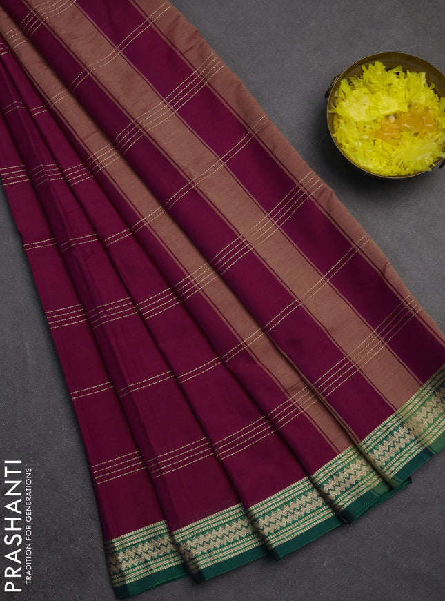 Narayanpet cotton saree magenta pink and green with allover thread stripe pattern and thread woven border