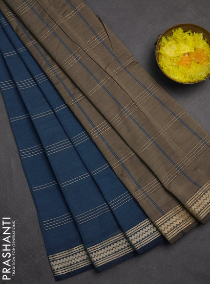 Narayanpet cotton saree bluish grey and dark beige with allover thread stripe pattern and thread woven border
