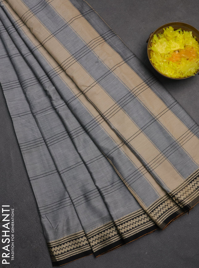 Narayanpet cotton saree grey shade and black with allover thread stripe pattern and thread woven border