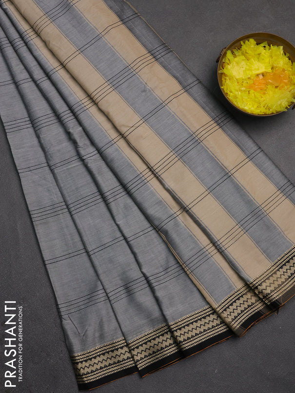 Narayanpet cotton saree grey shade and black with allover thread stripe pattern and thread woven border