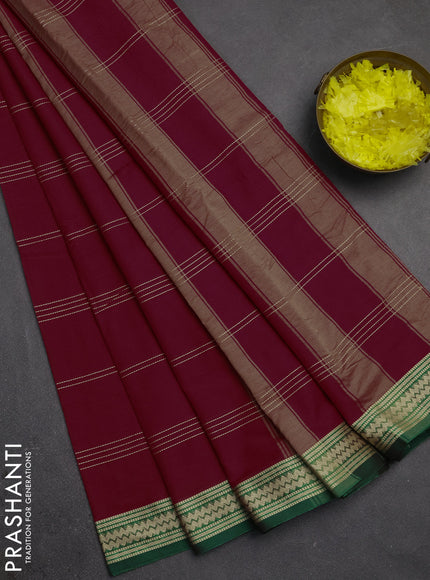 Narayanpet cotton saree red and green with allover thread stripe pattern and thread woven border