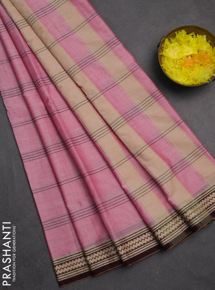 Narayanpet cotton saree light pink and deep maroon with allover thread stripe pattern and thread woven border