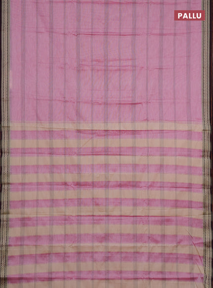 Narayanpet cotton saree light pink and deep maroon with allover thread stripe pattern and thread woven border