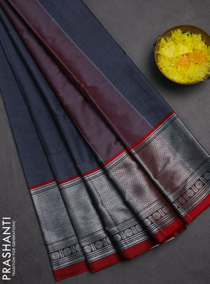 Narayanpet cotton saree dark grey and maroon with plain body and silver zari woven border